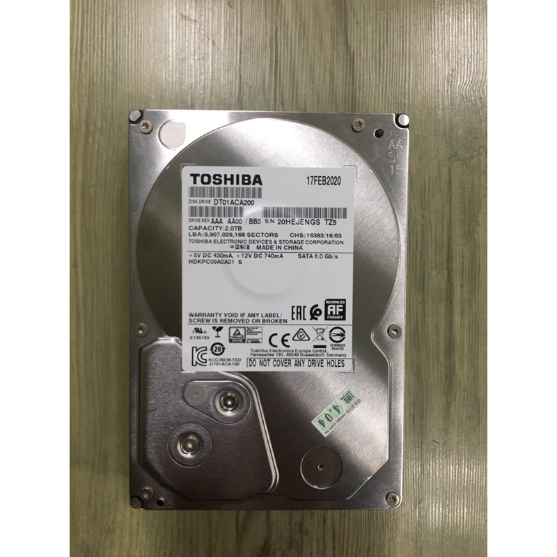 （二手）（免運）Toshiba 東芝2TB 3.5吋 SATA3 2020年低時數 硬碟