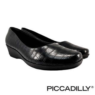 【Piccadilly】 超人氣款簡約柔軟氣墊楔型低跟鞋(鱷魚壓紋黑)｜巴西 上班族必備 修飾腿型