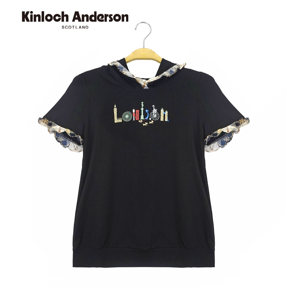 【金安德森女裝】 連帽上衣 甜美荷葉印花短袖T恤 (黑) KA075302688 Kinloch Anderson