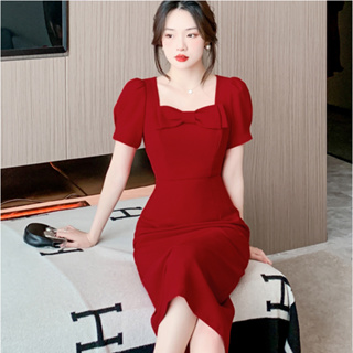 衣時尚 洋裝 連身裙 收腰洋裝S-XL復古小紅裙夏季蝴蝶結黑色收腰直筒連身裙T605-6891.