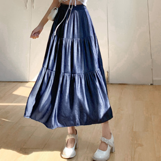 衣時尚 半身裙 A字裙 傘裙 深藍色柔軟天絲牛仔高腰鬆緊腰半身裙春夏中長裙T532-5081.
