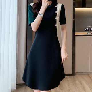 愛依依 短袖洋裝 高腰洋裝 針織裙 新款法式冰絲針織裙子小眾設計氣質裙T516-A.62212