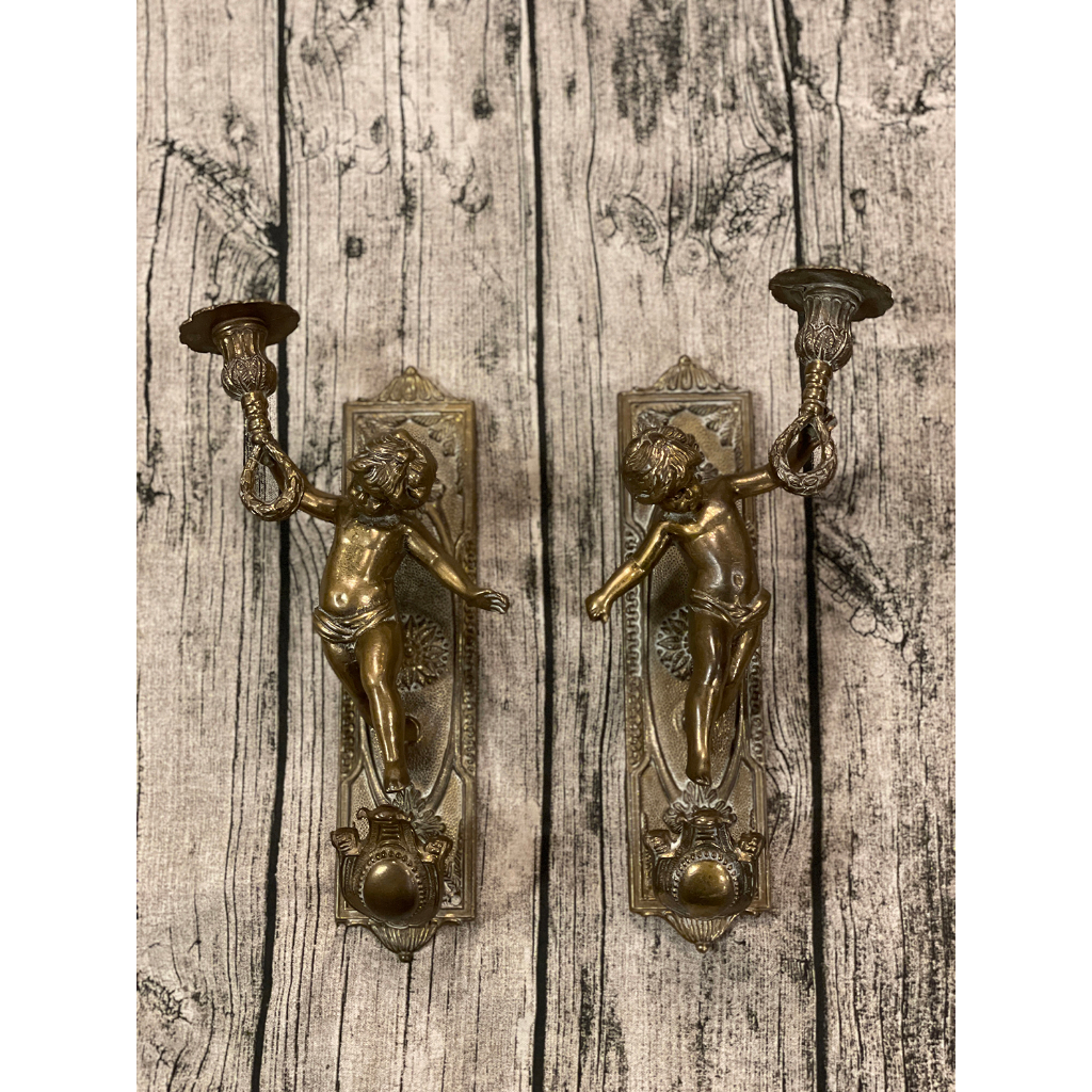 #19世紀 法國古董黃銅天使雕塑燭台『一組2件』#023056