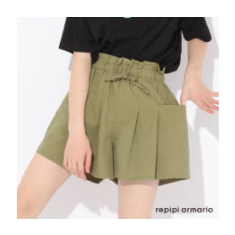 repipi armario素色腰部鬆緊抽繩皺褶寬鬆棉麻短褲 綠M