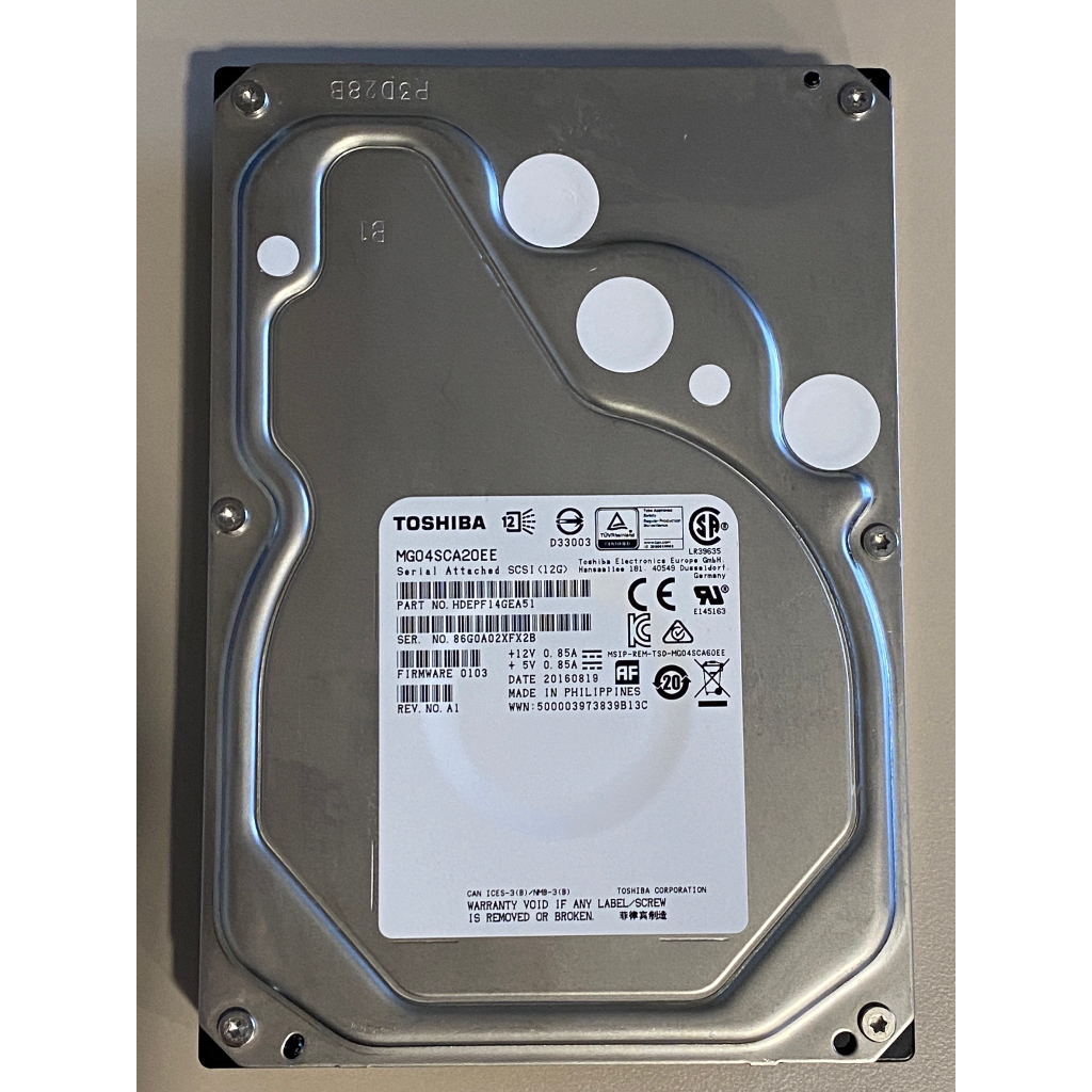 [二手極好碟 激少使用] Toshiba【企業SAS碟】2TB 12Gb/s 3.5吋 硬碟(MG04SCA20EE)