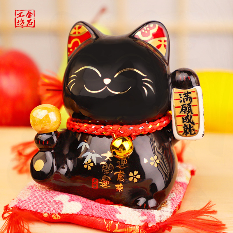 【金石工坊】滿願成就轉運貓(高9CM)黑色招財貓 陶瓷開運桌上擺飾 撲滿存錢筒