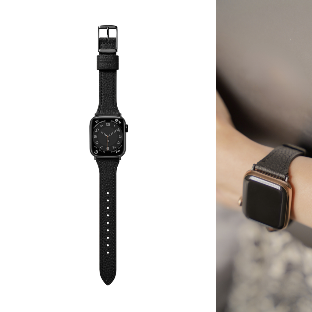 BellaBia ✶ Apple Watch 11/Ultra 3/SE 經典黑 荔枝紋珍藏 真皮 錶帶