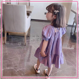 ✨小不點兒✨素雅女童連身裙 女童夏季連衣裙 新款洋氣一抹紫色泡泡袖連衣裙兒童時尚公主裙(90cm-140cm)
