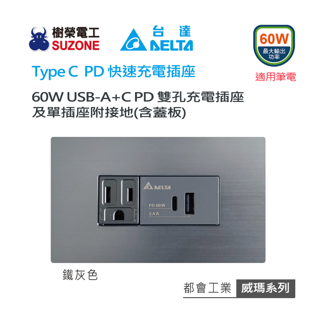 (含稅)【樹榮電工SUZONE】60W USB A+C PD充電插座/Delta台達電子 Type C插座/快充/威瑪