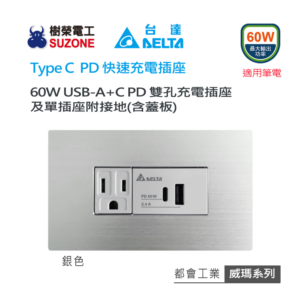 (含稅)【樹榮電工SUZONE】60W USB A+C PD充電插座/Delta台達電子 Type C插座/快充/威瑪