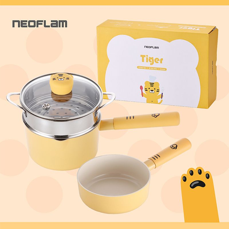 【Neoflam】小虎系列鑄造鍋具四件組 (單柄湯鍋+蒸籠+小炒鍋+玻璃蓋16公分) 不挑爐具♥輕頑味