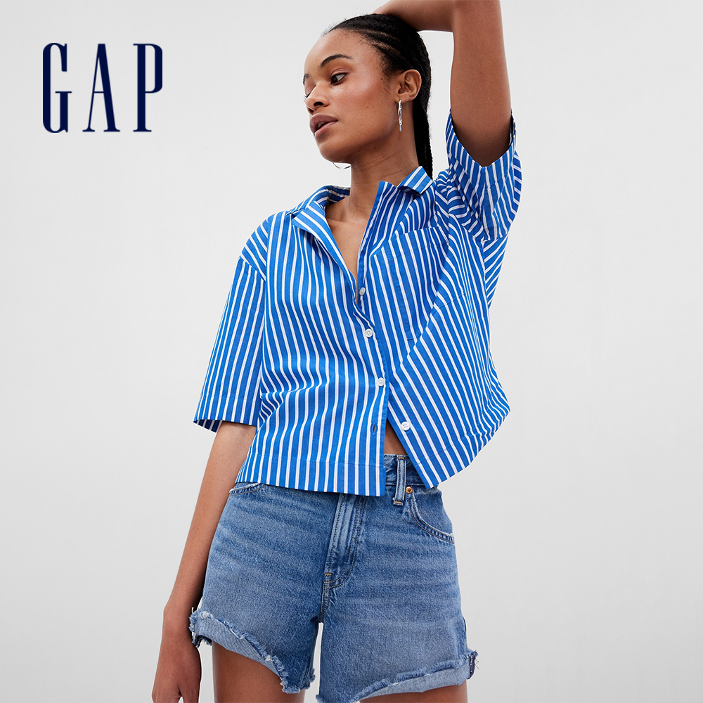 Gap 女裝 寬鬆短袖襯衫-藍色條紋(626366)