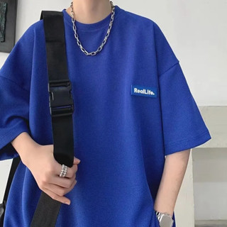 【Caveman】韓版華夫格胸前標籤短袖男 男生夏季衣服 透氣百搭oversize寬鬆上衣 港風薄款五分袖素t恤