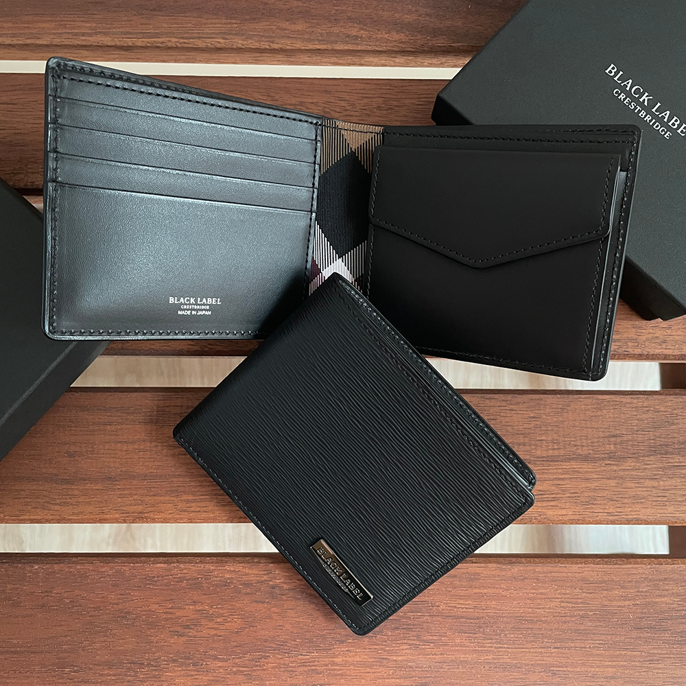 BURBERRY 日本限定黑標 CRESTBRIDGE 日本製 新款水波紋牛皮 裡經典格紋 零錢袋 雙鈔層 皮夾．短夾