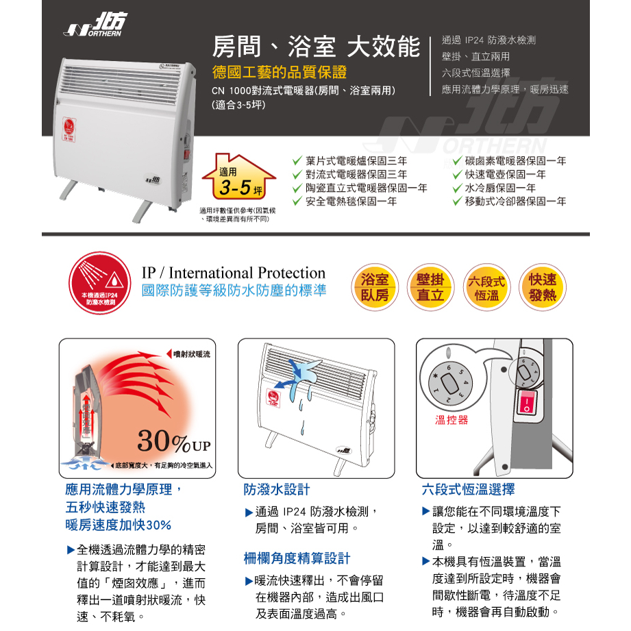 【北方】第二代對流式電暖器房間浴室兩用(CN1000) 防潑水