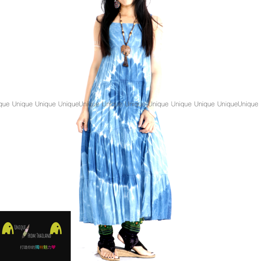 Unic＠泰國進口植物染細肩帶洋裝『TD301透氣棉麻手工綁染❄️超涼感❄️洋裝』藍染～異國風 波希米亞風 洋裝