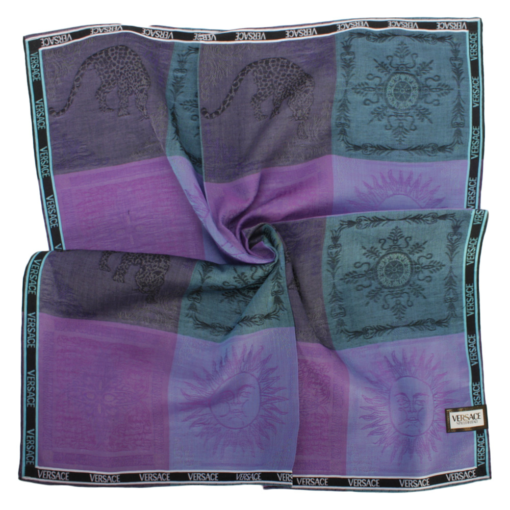 VERSACE太陽圖騰方格純棉帕巾領巾(紫色)989017-4