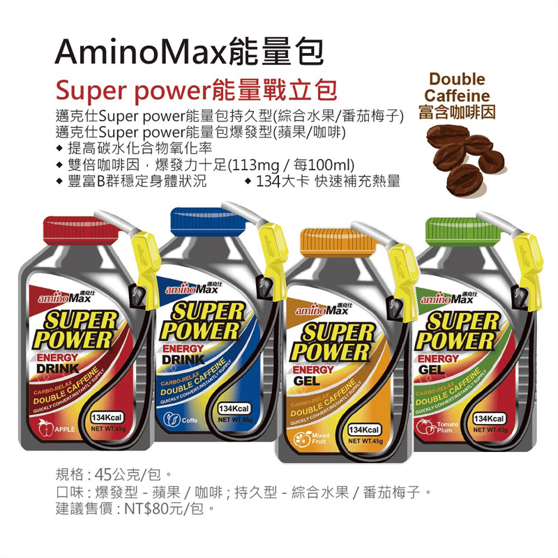 aminomax 邁克仕 super power 能量包 持久型 爆發型 綜合水果 番茄梅子 蘋果 咖啡 運動補給 三鐵