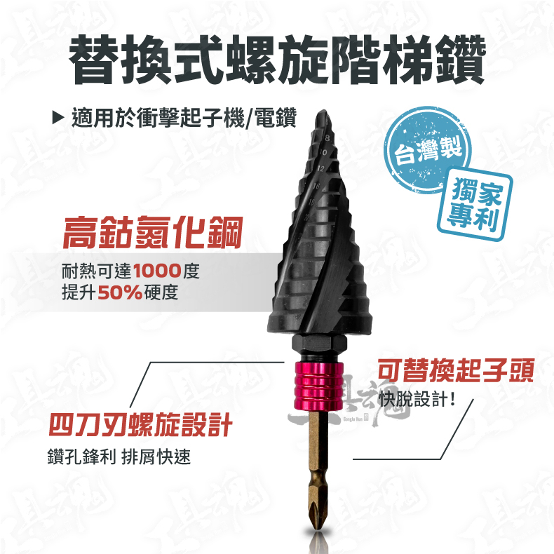 台灣製造 替換式螺旋階梯鑽 衝擊起子機 電鑽 可用 四枚刃 快脫式 6-35mm 氮化鈷鋼 階梯鑽