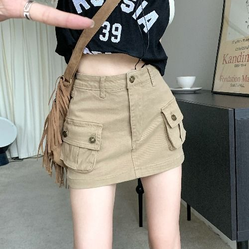 FUXI 卡其色工裝短裙女 美式復古牛仔短裙 高腰a字半身裙 辣妹短裙 防走光包臀裙 裙褲 女裝