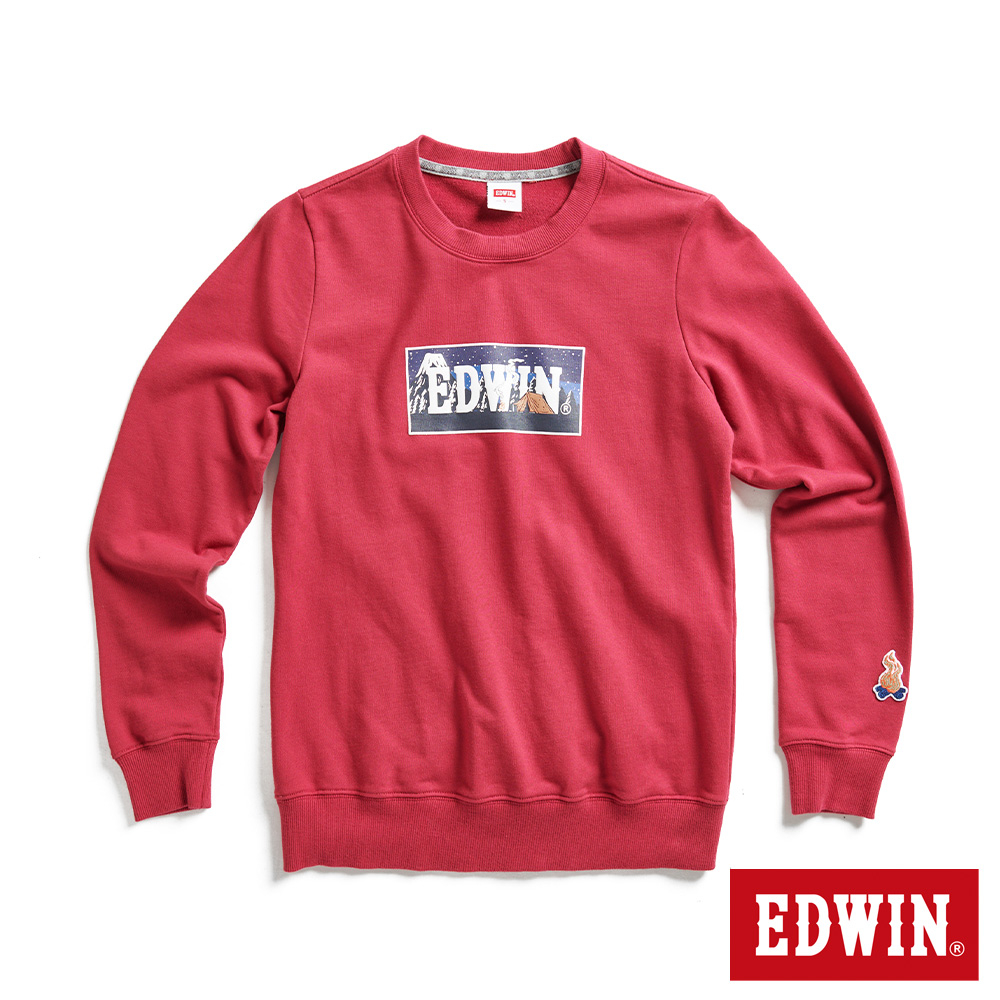 EDWIN 露營系列 富士山營地BOX LOGO厚長袖T恤(暗紅色)-女款