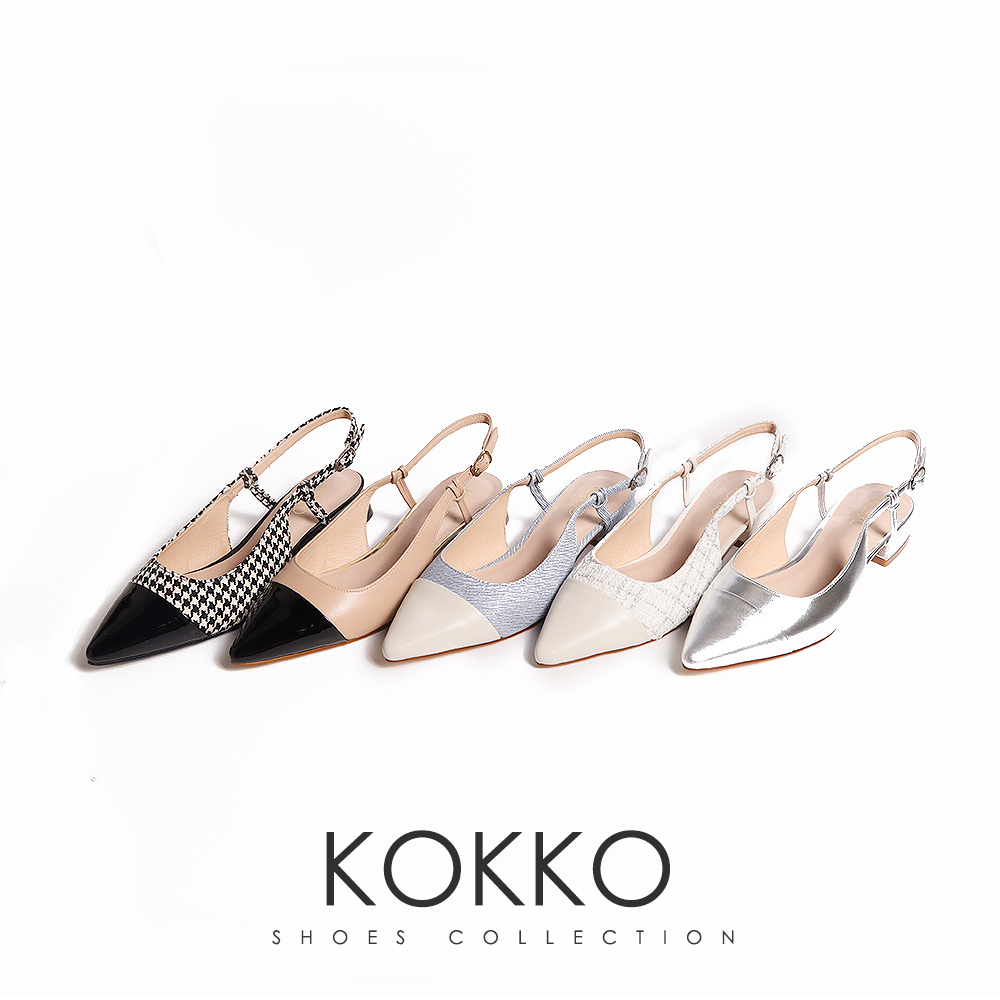 KOKKO異材質拼接小香風顯瘦為彎折半包鞋