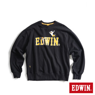 EDWIN 男款 橘標 摔角手E君飛撲印花LOGO寬版厚長袖T恤(黑色)