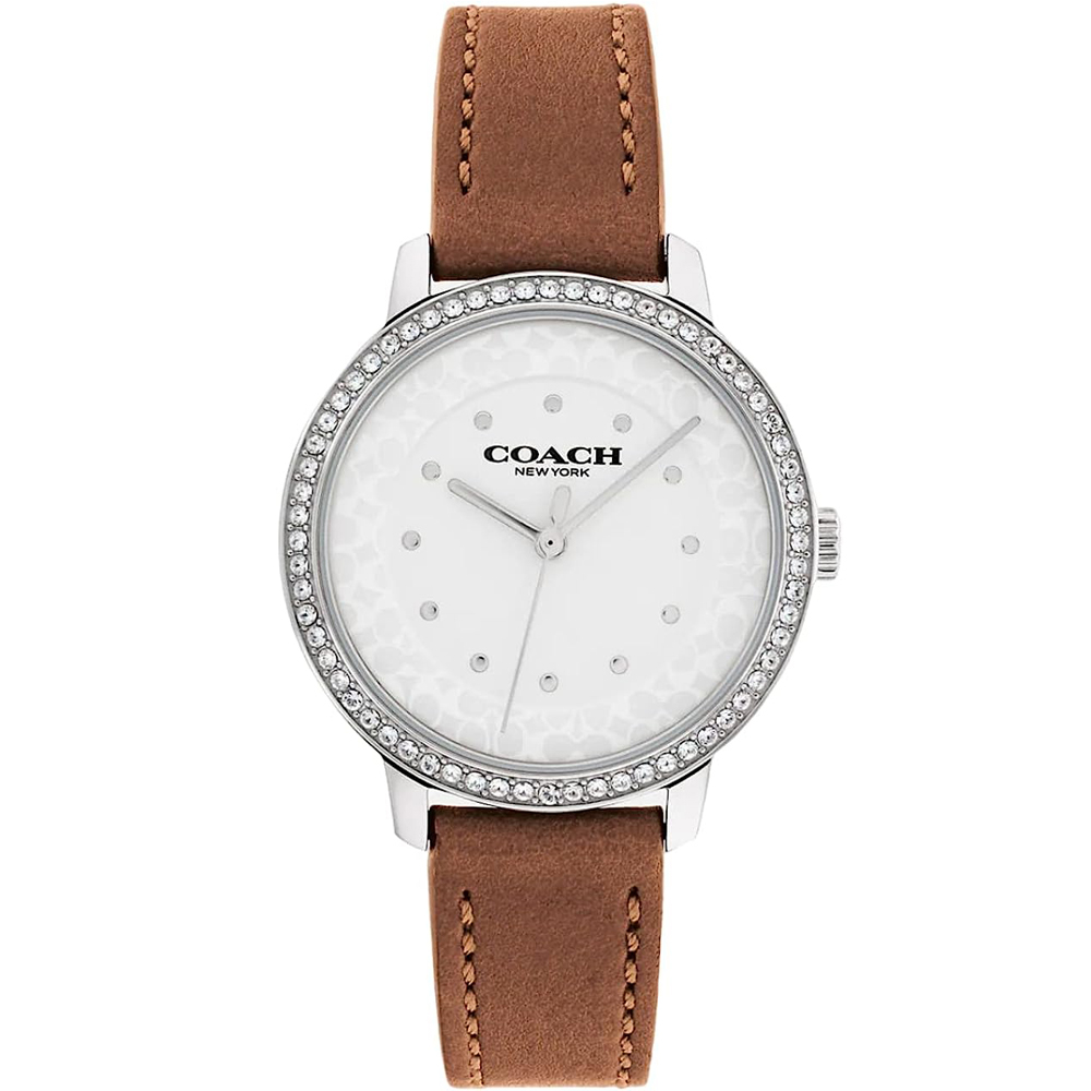 【COACH】RAYDEN焦糖咖啡X鋯石外圈X白色LOGO錶盤皮革皮帶手錶