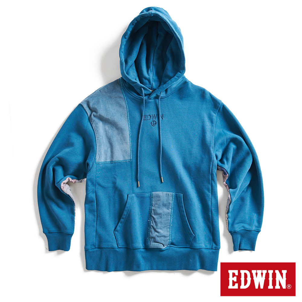EDWIN 再生系列 CORE 拼布寬版連帽長袖T恤(土耳其藍)-男款