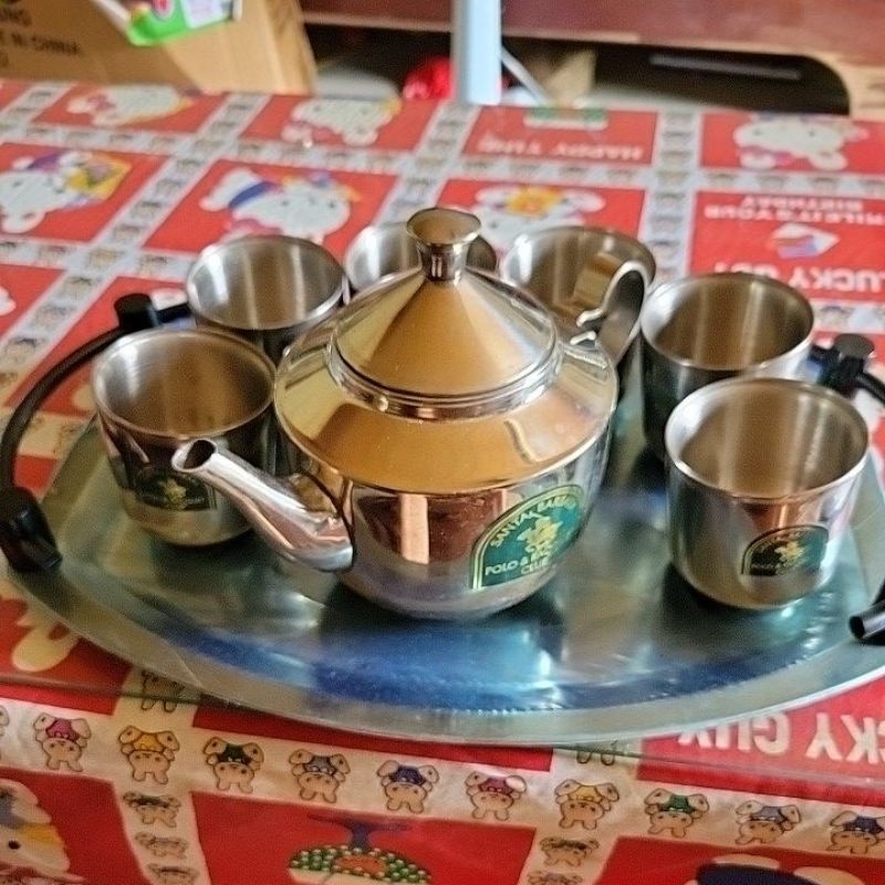 聖大保羅  美國加州馬球俱樂部早期 不鏽鋼茶具組一壺六杯有付底盤