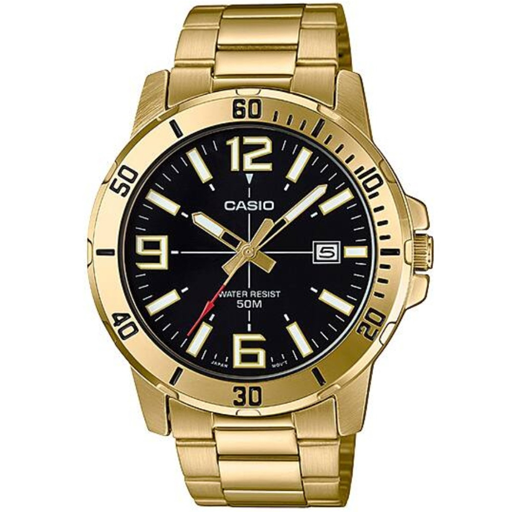 【CASIO】卡西歐 超清晰防水50米日期顯示不鏽鋼指針錶-金色X黑面 MTP-VD01G-1B 台灣卡西歐保固一年