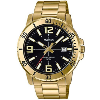 【CASIO】卡西歐 超清晰防水50米日期顯示不鏽鋼指針錶-金色X黑麵 MTP-VD01G-1B 臺灣卡西歐保固一年