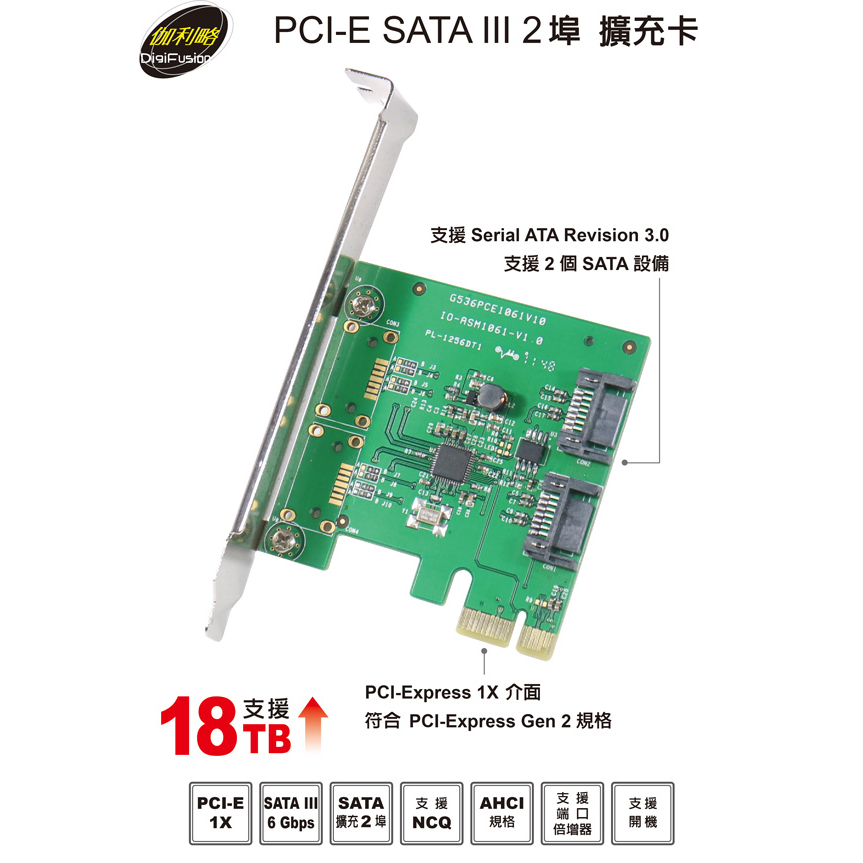 伽利略 PCI-E SATA3 2埠 硬碟擴展卡 PES320A 支援20TB 支援群暉