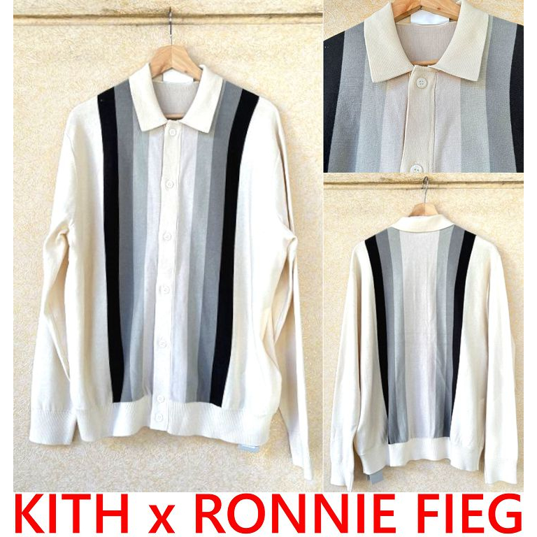 BLACK全新KITH x RONNIE FIEG直線條紋漸層針織POLO罩衫/長袖薄外套
