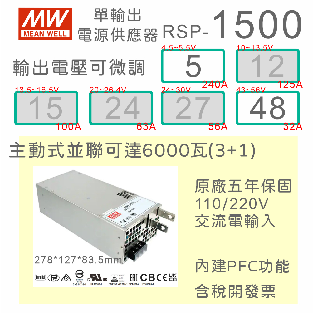 【保固附發票】MW 明緯 PFC 1500W電源 RSP-1500-5 5V 48 48V變壓器 馬達 LED燈 驅動器