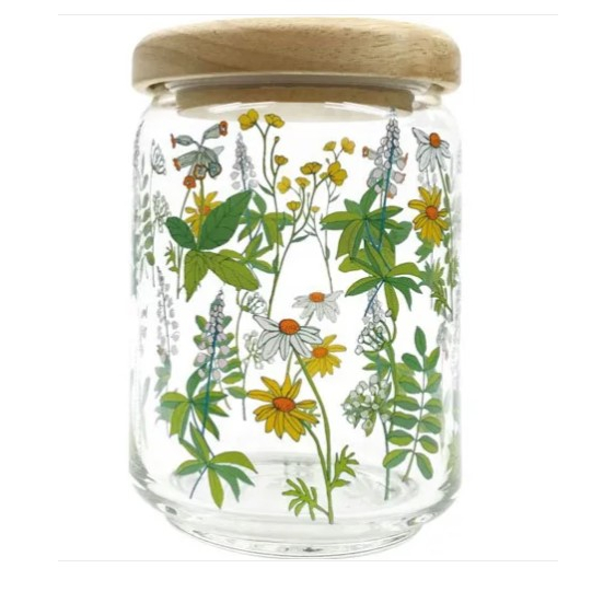 密封罐 罐 木製蓋子 600CC 玻璃 日本製 收納容器 密封罐-野花和草本植物的圖案