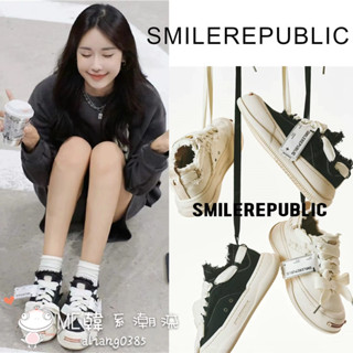 韓國潮牌 SMILEREPUBLIC半拖 經典SR開口笑厚底增高 黑白黃低筒鞋 男女情侶帆布鞋 休閒鞋 學生平底鞋