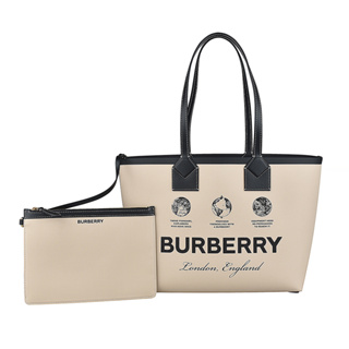 BURBERRY LONDON 字母LOGO圓形地球設計棉質滾邊小牛皮肩背子母托特包(小/米)