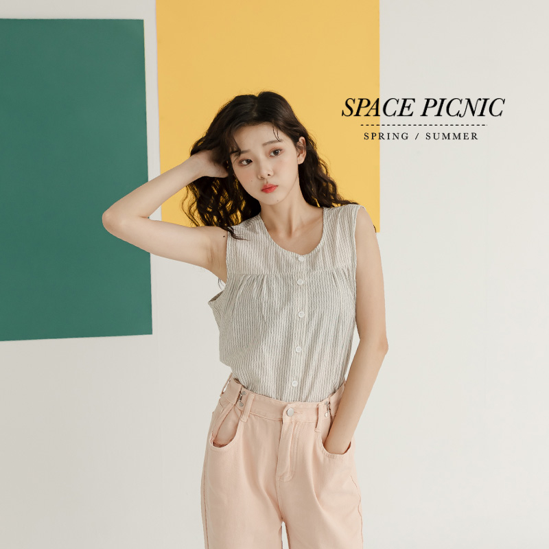 [明天出貨] Space Picnic｜直條紋排釦無袖上衣-1色(現貨)【C23071014】