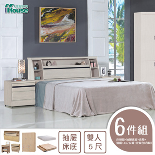 IHouse-秋田 日式收納房間6件組(床頭+床墊+6抽底+邊櫃+4*7衣櫃+化妝台含椅)