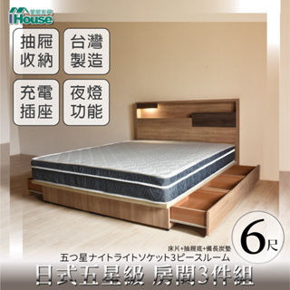 IHouse-日系夢幻100 五星級房間3件組(床頭+6抽底+備長炭墊)-雙大6尺
