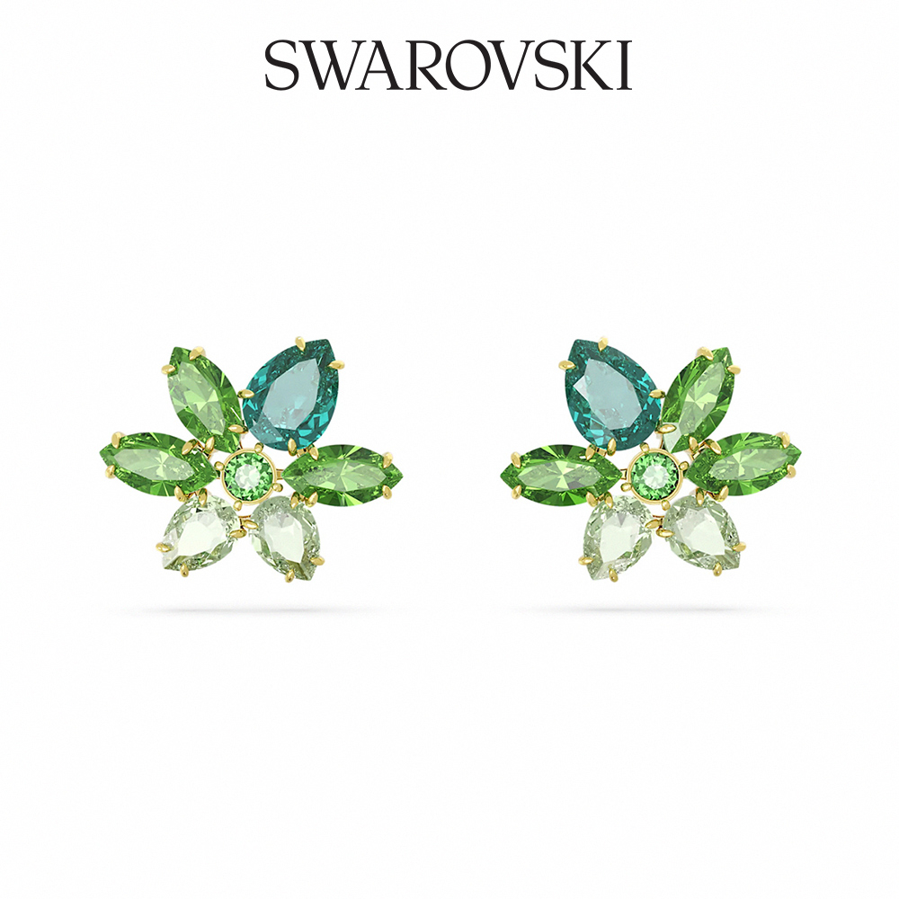 SWAROVSKI 施華洛世奇 Gema 耳釘 混合式切割, 花朵, 綠色, 鍍金色色調