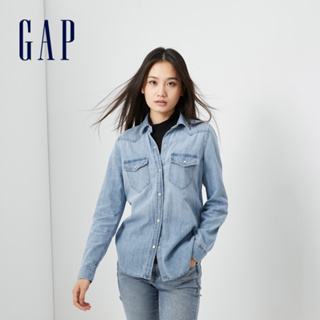 Gap 女裝 純棉翻領牛仔襯衫-淺水洗藍(588562)