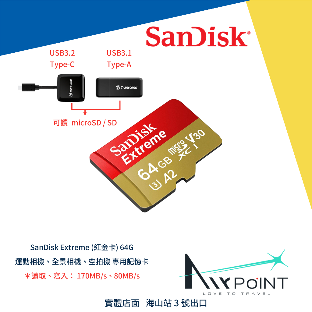 【現貨】SanDisk Extreme 64G 記憶卡 V30 U3 A2 microSDXC 讀卡機