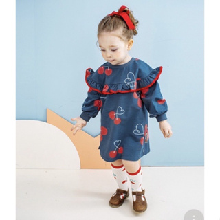 Korea Pimpollo 紅櫻桃荷葉領洋裝 藍 90 韓 童裝