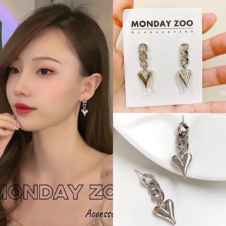 ★MONDAY ZOO★免運鏈條愛心銀色耳環鏈條耳環愛心耳環925純銀