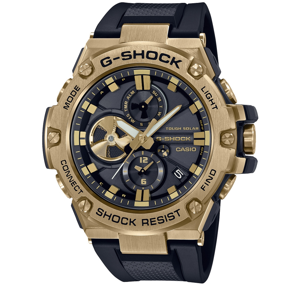 CASIO 卡西歐 G-SHOCK 太陽能x藍牙連線 奢華黑金三眼腕錶 53.8mm / GST-B100GB-1A9