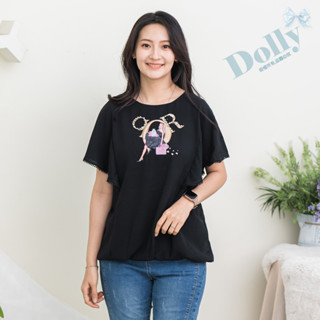 特價 Dolly多莉大碼專賣臺灣現貨 大尺碼黑色美女圖飄袖雪紡上衣708
