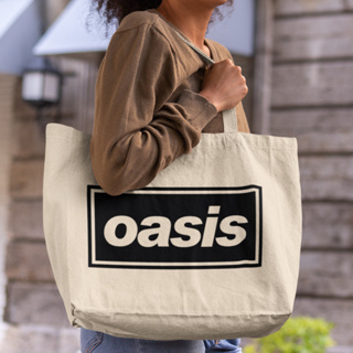 Oasis Logo black 帆布環保大購物袋 米白 帆布袋 大容量TOTE托特包 綠洲合唱團 英搖 英國 樂團