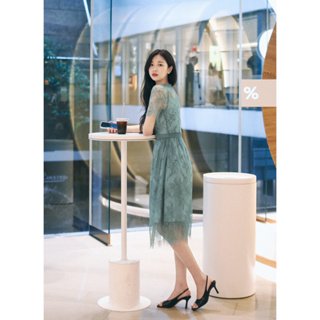 韓國代購KOREA_90 SHOP清雅氣質網拍MILKCOCOA 薄荷綠滿版花朵蕾絲圓領短袖連身洋裝